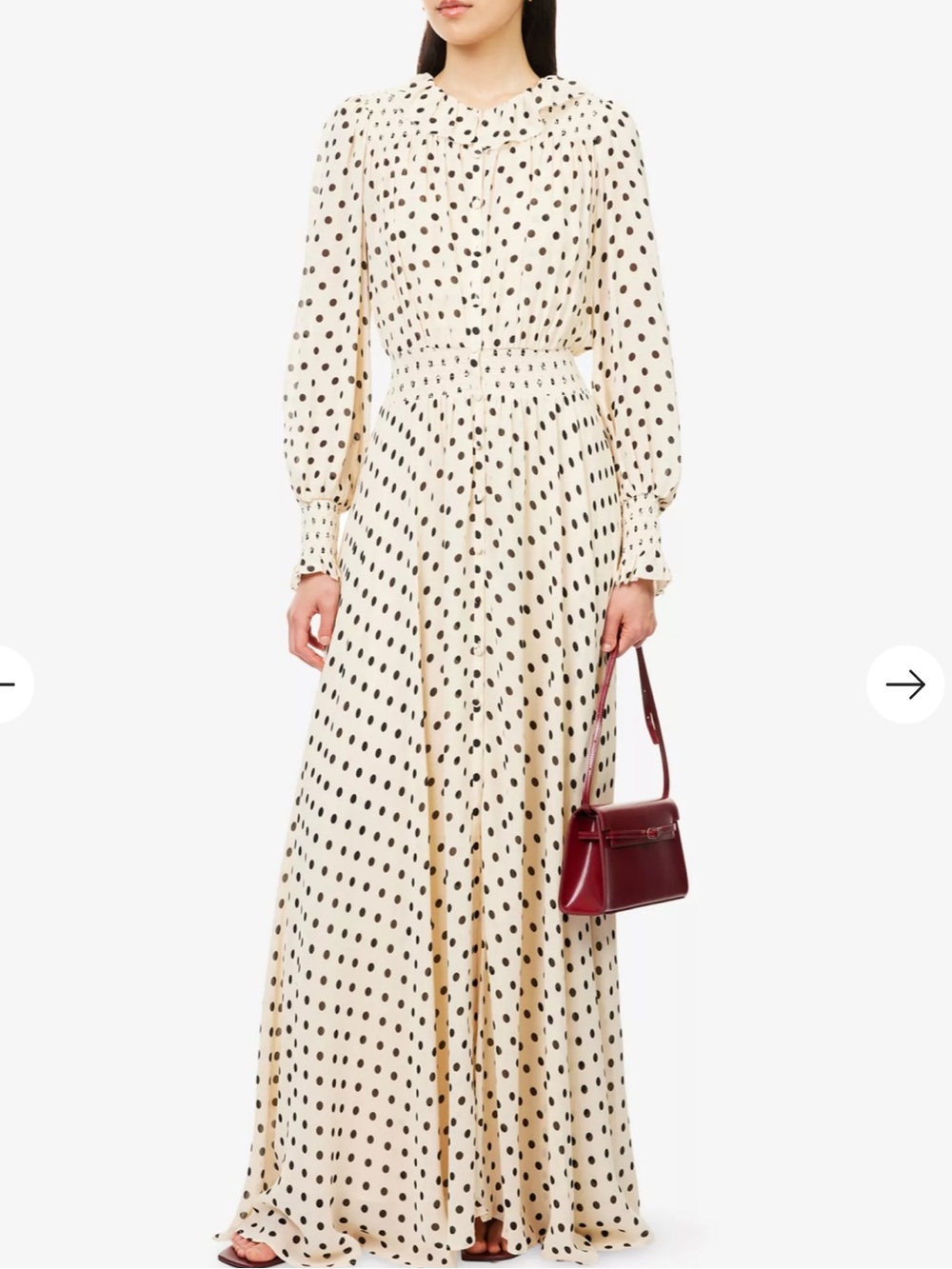 Reformation x Nara Smith Brown Sugar Ruffle Polka Dot Midi Dress - Picture 2 of 10